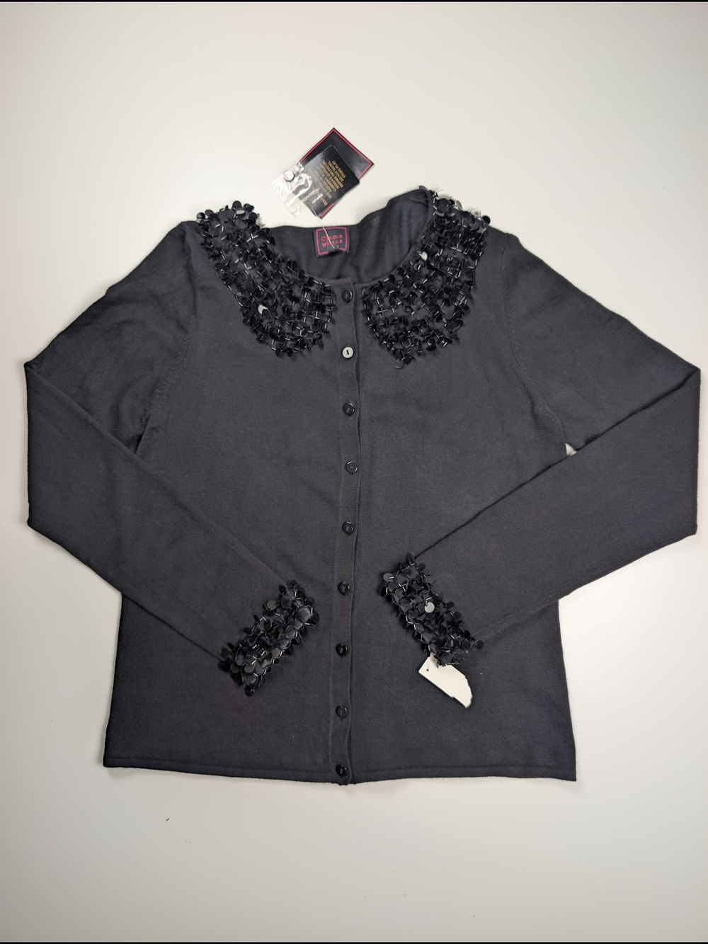 Colour Works Sequin Peter Pan Collar Cardigan Sweater Black Size M NWT